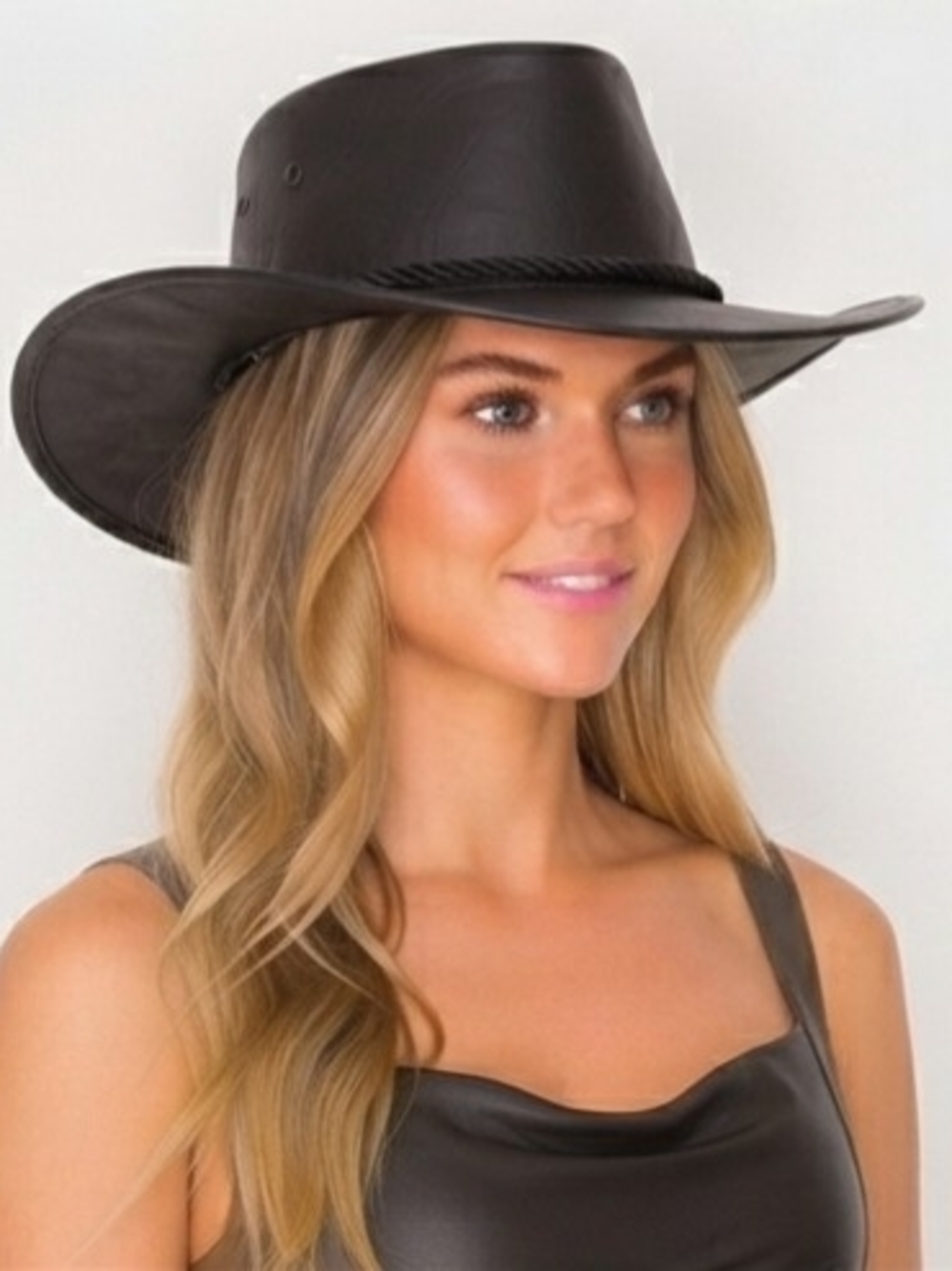 Beloved Millinery Classic Women's Black Leather Western Cowboy Hat Braided Trim